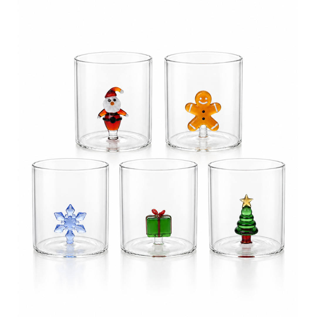 Drinkglazen - Handgeblazen - Kerst Figuren Design - 5 Stuks - 300ML